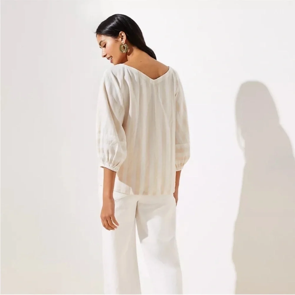 Loft puff balloon sleeve top shirt linen cream tan stripe XS